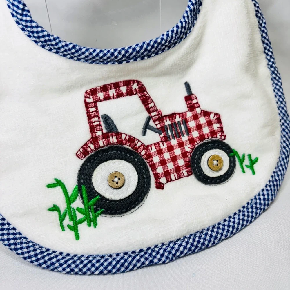 Mud Pie Baby Boy Red Gingham Tractor Bib Blue White Gingham Trim Minky Dot Back